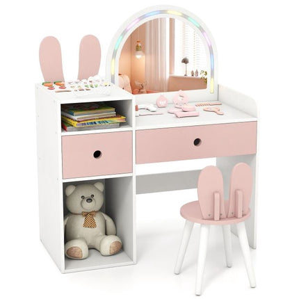 Kids Vanity Table With Lighted Mirror, Shelves, Chair