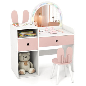 Kids Vanity Table With Lighted Mirror, Shelves, Chair