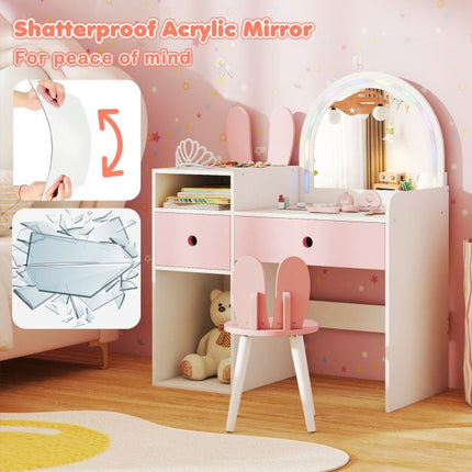 Kids Vanity Table With Lighted Mirror, Shelves, Chair