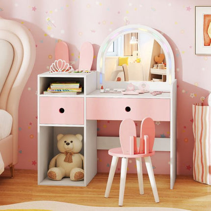 Kids Vanity Table With Lighted Mirror, Shelves, Chair