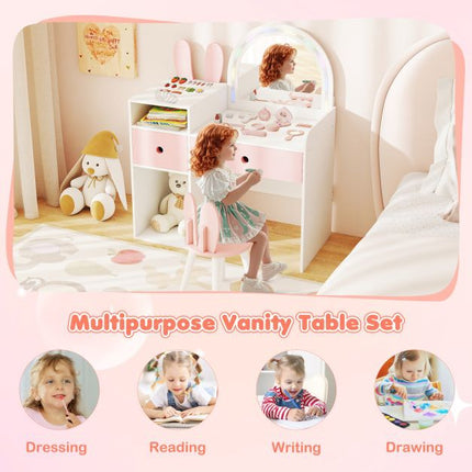 Kids Vanity Table With Lighted Mirror, Shelves, Chair