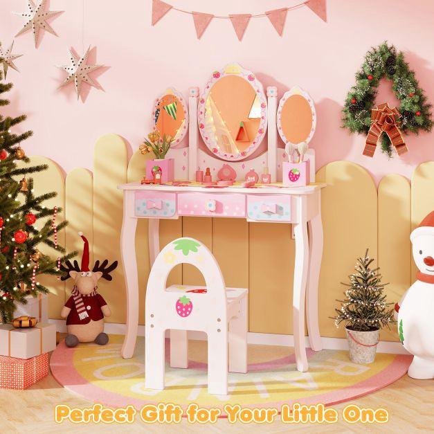 Kids Vanity Table and Chair Set, 2-in-1 Desk, Mirror, Storage