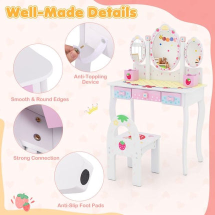 Kids Vanity Table and Chair Set, 2-in-1 Desk, Mirror, Storage