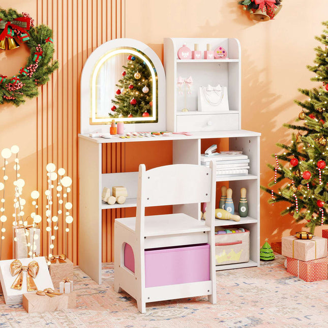 Kids Vanity Table and Chair Set, 3-Color Lighted Mirror