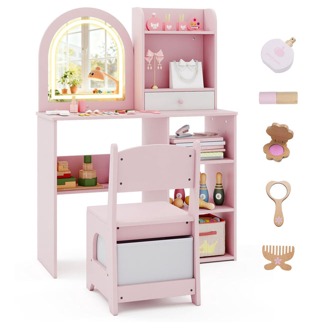 Kids Vanity Table and Chair Set, 3-Color Lighted Mirror, Pink