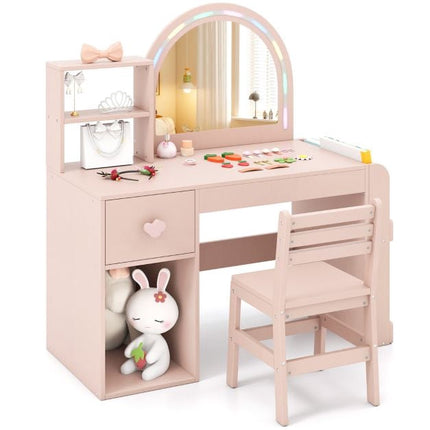 Kids Vanity Table and Chair Set, Lighted Mirror, Pink