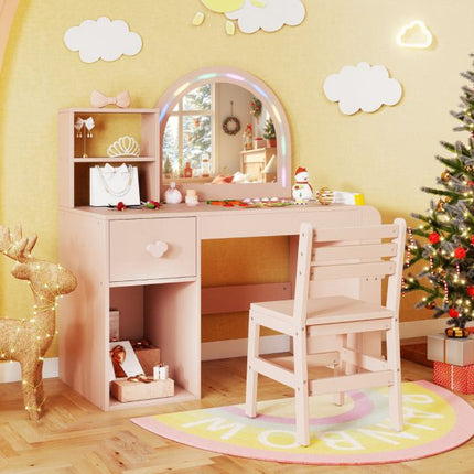 Kids Vanity Table and Chair Set, Lighted Mirror, Pink