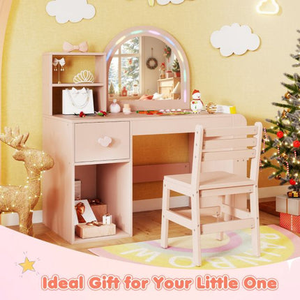 Kids Vanity Table and Chair Set, Lighted Mirror, Pink