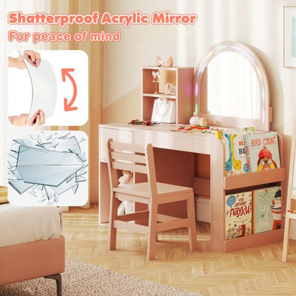 Kids Vanity Table and Chair Set, Lighted Mirror, Pink