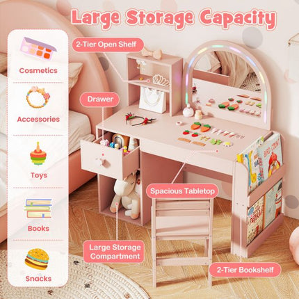 Kids Vanity Table and Chair Set, Lighted Mirror, Pink