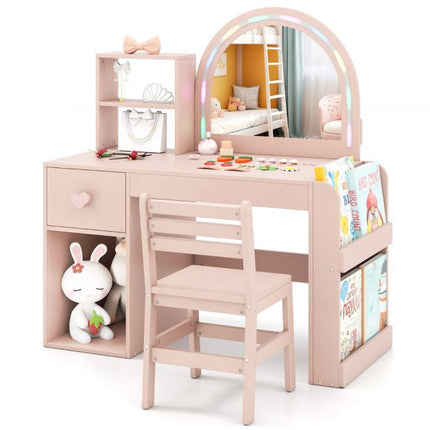 Kids Vanity Table and Chair Set, Lighted Mirror, Pink