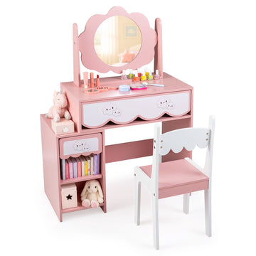 Kids Vanity Table and Chair Set with 360° Rotating Mirror, Pink, Ages 3-7