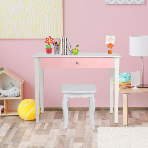 Kids Vanity Table and Stool Set, Tri-Fold Mirror, White