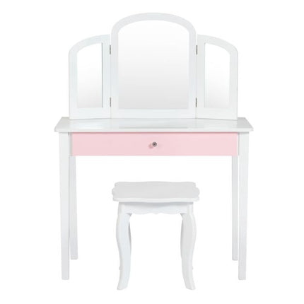 Kids Vanity Table and Stool Set, Tri-Fold Mirror, White