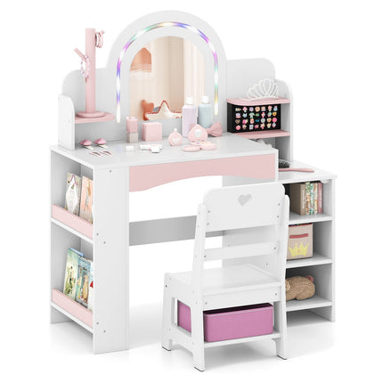 Kids Vanity Table with LED Lights and Storage