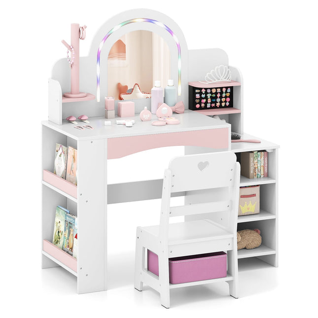 Kids Vanity Table with LED Lights and Storage