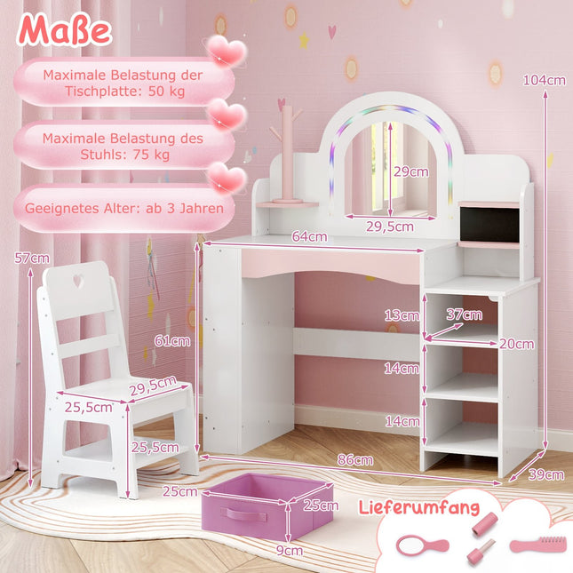 Kids Vanity Table with LED Lights and Storage