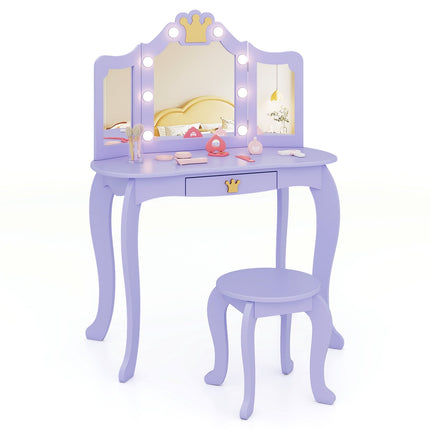 Kids Vanity Table with Lights, Tri-Fold Mirror, Purple