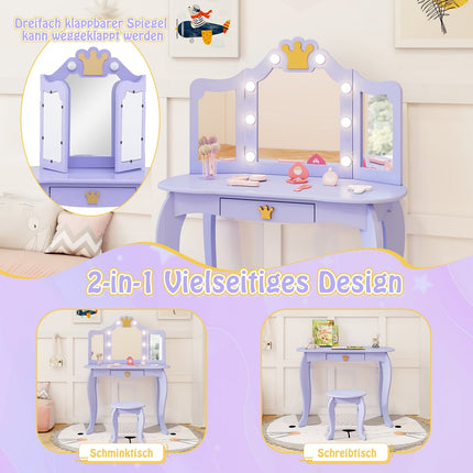 Kids Vanity Table with Lights, Tri-Fold Mirror, Purple