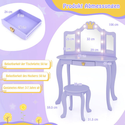Kids Vanity Table with Lights, Tri-Fold Mirror, Purple