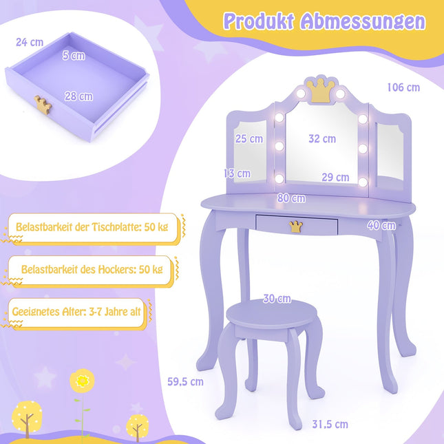 Kids Vanity Table with Lights, Tri-Fold Mirror, Purple