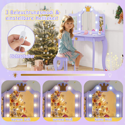 Kids Vanity Table with Lights, Tri-Fold Mirror, Purple