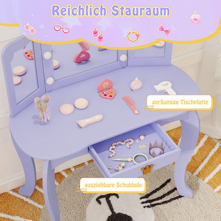 Kids Vanity Table with Lights, Tri-Fold Mirror, Purple
