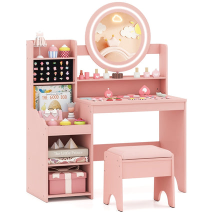 Kids Vanity Table with Mirror, Light & Stool – Pink