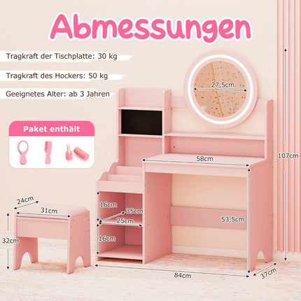 Kids Vanity Table with Mirror, Light & Stool – Pink