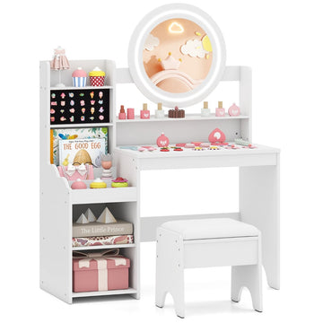 Kids Vanity Table with Mirror & Light, White, Storage & Stool