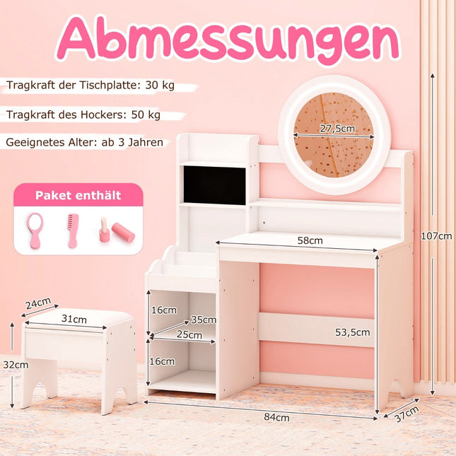 Kids Vanity Table with Mirror & Light, White, Storage & Stool