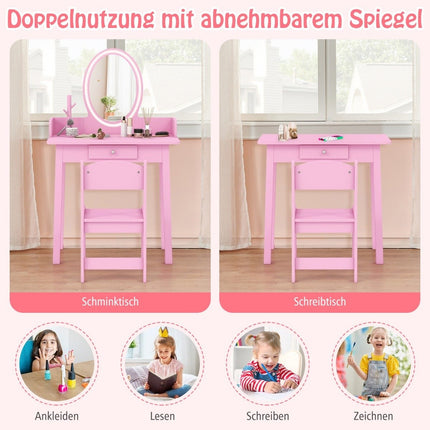 Kids Vanity Table with Stool, LED Mirror, Storage