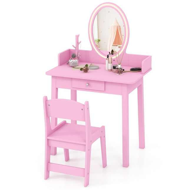 Kids Vanity Table with Stool, LED Mirror, Storage