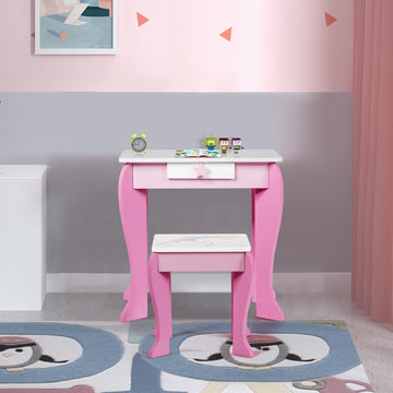 Kids Vanity Table with Stool, Removable Mirror & Drawer