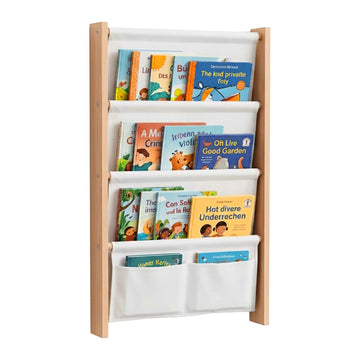 Kids' Wall Bookshelf with Fabric Pockets, MDF & Polyester