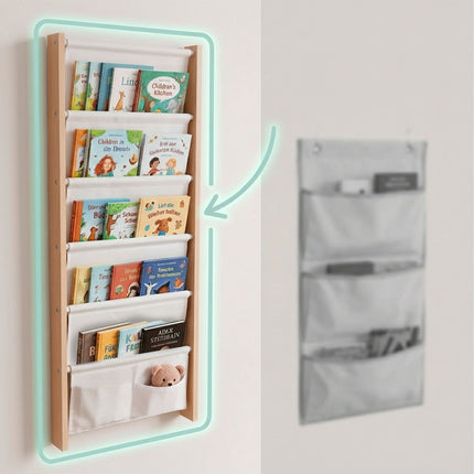 Kids' Wall Bookshelf with Fabric Pockets, MDF & Polyester