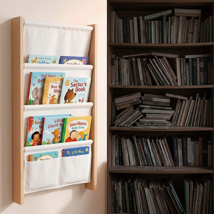 Kids' Wall Bookshelf with Fabric Pockets, MDF & Polyester