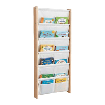Kids' Wall Bookshelf with Fabric Pockets – Natural/White