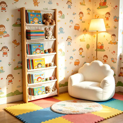 Kids' Wall Bookshelf with Fabric Pockets – Natural/White