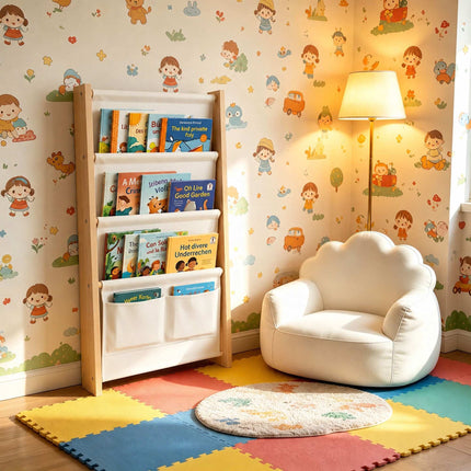 Kids' Wall Bookshelf with Fabric Pockets – Natural/White