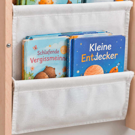 Kids' Wall Bookshelf with Fabric Pockets – Natural/White