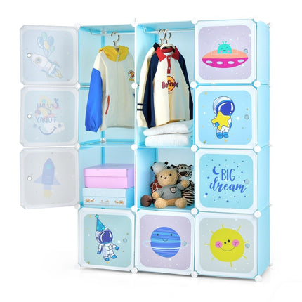 Kids Wardrobe with 2 Hanging Sections & 12 Cubes, Blue