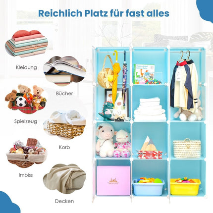 Kids Wardrobe with 2 Hanging Sections & 12 Cubes, Blue