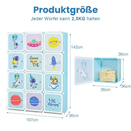 Kids Wardrobe with 2 Hanging Sections & 12 Cubes, Blue