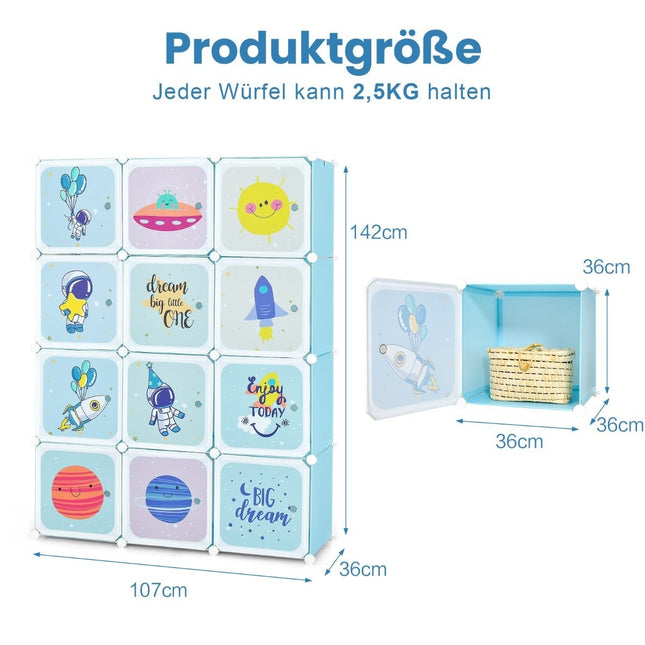 Kids Wardrobe with 2 Hanging Sections & 12 Cubes, Blue
