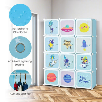 Kids Wardrobe with 2 Hanging Sections & 12 Cubes, Blue