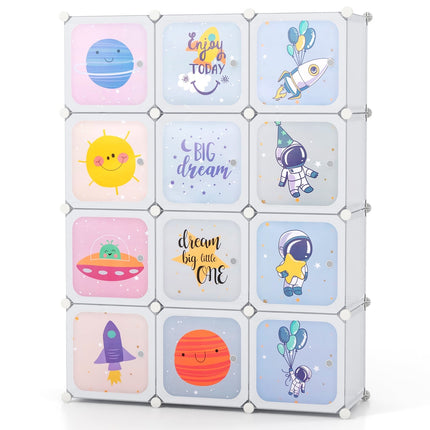 Kids Wardrobe with 2 Hanging Sections & 12 Cubes