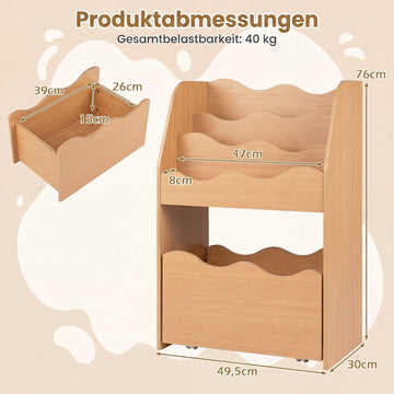 Kids Wooden Bookshelf with Rolling Storage Drawer