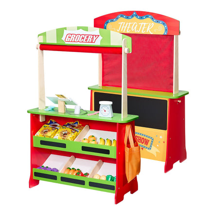 Kids Wooden Grocery Store Playset – 2-In-1 Puppet Theater