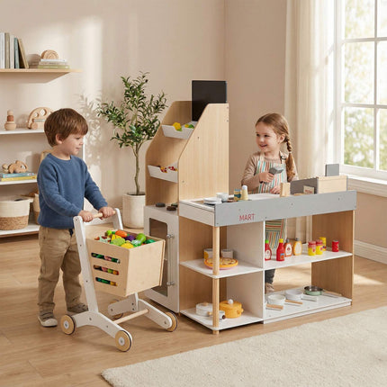 Kids Wooden Grocery Store Playset with Shopping Cart
